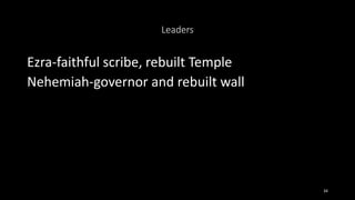 Leaders
Ezra-faithful scribe, rebuilt Temple
Nehemiah-governor and rebuilt wall
34
 