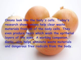 Onions look like the body's cells. Today's research shows onions help clear waste materials from all of the body cells. They even produce tears which wash the epithelial layers of the eyes. A working companion, Garlic, also helps eliminate waste materials and dangerous free radicals from the body.  