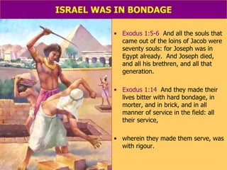 ISRAEL WAS IN BONDAGE Exodus 1:5-6   And all the souls that came out of the loins of Jacob were seventy souls: for Joseph was in Egypt already.  And Joseph died, and all his brethren, and all that generation. Exodus 1:14   And they made their lives bitter with hard bondage, in morter, and in brick, and in all manner of service in the field: all their service,  wherein they made them serve, was with rigour. 