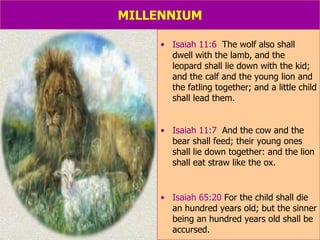 MILLENNIUM Isaiah 11:6   The wolf also shall dwell with the lamb, and the leopard shall lie down with the kid; and the calf and the young lion and the fatling together; and a little child shall lead them. Isaiah 11:7   And the cow and the bear shall feed; their young ones shall lie down together: and the lion shall eat straw like the ox. Isaiah 65:20  For the child shall die an hundred years old; but the sinner being an hundred years old shall be accursed. 