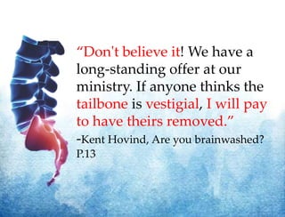 “Don't believe it! We have a
long-standing offer at our
ministry. If anyone thinks the
tailbone is vestigial, I will pay
to have theirs removed.”
-Kent Hovind, Are you brainwashed?
P.13
 
