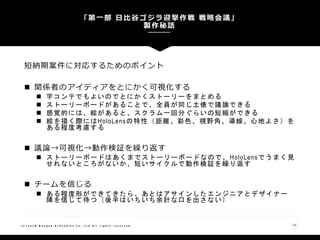 短納期案件に対応するためのポイント
 関係者のアイディアをとにかく可視化する
 字コンテでもよいのでとにかくストーリーをまとめる
 ストーリーボードがあることで、全員が同じ土俵で議論できる
 感覚的には、絵があると、スクラム一回分ぐらいの短縮ができる
 絵を描く際にはHoloLensの特性（距離、彩色、視野角、導線、心地よさ）を
ある程度考慮する
 議論→可視化→動作検証を繰り返す
 ストーリーボードはあくまでストーリーボードなので、HoloLensでうまく見
せれないところがないか、短いサイクルで動作検証を繰り返す
 チームを信じる
 ある程度形ができてきたら、あとはアサインしたエンジニアとデザイナー
陣を信じて待つ（後半はいちいち余計な口を出さない）
「第一部 日比谷ゴジラ迎撃作戦 戦略会議」
製作秘話
19( C ) 2 0 1 8 N a n g o k R / S t u d i o s C o . , L t d A l l r i g h t s r e s e r v e d
 