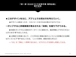 ■このデザインを元に、アプリ上での見せ方を考えていく。
●デザインは固まったが、このイメージをそのまま表示するだけでは…
→タップすると詳細画面が表示される「体験」を掘り下げてみる。
●兵器をタップすると政府のデータベースに接続され、機密情報にアクセスするこ
とができる“感”を出してみる。
●人類滅亡の危機において、ここが本当に最後の砦だということを認識させる適度
なディストピア“感”を出してみる。（ノイズ表現、画面の揺らぎなど）
→「UI」を「演出」へ昇華するために、ビデオコンテを制作し実装してみる。
「第一部 日比谷ゴジラ迎撃作戦 戦略会議」
製作秘話
23( C ) 2 0 1 8 N a n g o k R / S t u d i o s C o . , L t d A l l r i g h t s r e s e r v e d
 