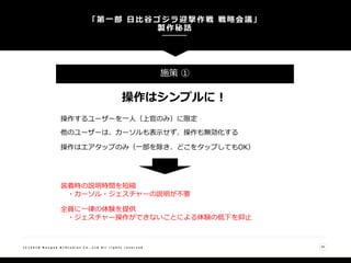 「第一部 日比谷ゴジラ迎撃作戦 戦略会議」
製作秘話
34( C ) 2 0 1 8 N a n g o k R / S t u d i o s C o . , L t d A l l r i g h t s r e s e r v e d
施策 ①
操作はシンプルに！
操作するユーザーを一人（上官のみ）に限定
他のユーザーは、カーソルも表示せず、操作も無効化する
操作はエアタップのみ（一部を除き、どこをタップしてもOK）
装着時の説明時間を短縮
・カーソル・ジェスチャーの説明が不要
全員に一律の体験を提供
・ジェスチャー操作ができないことによる体験の低下を抑止
 