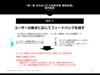「第一部 日比谷ゴジラ迎撃作戦 戦略会議」
製作秘話
35( C ) 2 0 1 8 N a n g o k R / S t u d i o s C o . , L t d A l l r i g h t s r e s e r v e d
施策 ②
ユーザーの動きに応じてフィードバックを返す
ただ見ている感を出させないために、ユーザーの動き（カメラの動き）に
応じて変化するものを配置する
ユーザーの動きに合わせて動作するため、参加している感が出る
ヘリコプター・戦闘機の解説ウィンドウは、
各ユーザーに向けて表示されるように制御
上官
▼
各ユーザーの頭部に役割名プレートを表示し、
ユーザーの動きに追随
シェアリングすることで、他のユーザーの
プレートを参照可能
待機中の話題にもなる
不具合を早期発見できる
・運営スタッフも同じものを見ているため、異常に気付きやすい
・ユーザー自身も異常に気付きやすく、すぐに声をあげてもらえる
 