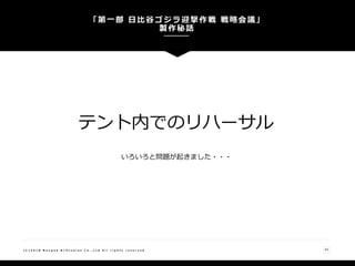 「第一部 日比谷ゴジラ迎撃作戦 戦略会議」
製作秘話
43( C ) 2 0 1 8 N a n g o k R / S t u d i o s C o . , L t d A l l r i g h t s r e s e r v e d
テント内でのリハーサル
いろいろと問題が起きました・・・
 