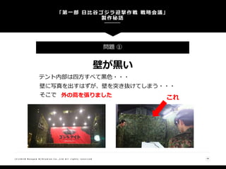 「第一部 日比谷ゴジラ迎撃作戦 戦略会議」
製作秘話
44( C ) 2 0 1 8 N a n g o k R / S t u d i o s C o . , L t d A l l r i g h t s r e s e r v e d
問題 ①
壁が黒い
テント内部は四方すべて黒色・・・
そこで
壁に写真を出すはずが、壁を突き抜けてしまう・・・
外の蔦を張りました これ
 