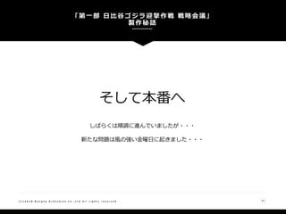 「第一部 日比谷ゴジラ迎撃作戦 戦略会議」
製作秘話
47( C ) 2 0 1 8 N a n g o k R / S t u d i o s C o . , L t d A l l r i g h t s r e s e r v e d
そして本番へ
しばらくは順調に進んでいましたが・・・
新たな問題は風の強い金曜日に起きました・・・
 