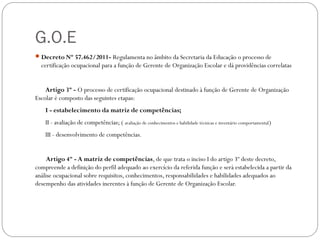 G.O.E
 Decreto Nº 57.462/2011- Regulamenta no âmbito da Secretaria da Educação o processo de
  certificação ocupacional para a função de Gerente de Organização Escolar e dá providências correlatas


    Artigo 3º - O processo de certificação ocupacional destinado à função de Gerente de Organização
Escolar é composto das seguintes etapas:
    I - estabelecimento da matriz de competências;
    II - avaliação de competências; ( avaliação de conhecimentos e habilidade técnicas e inventário comportamental )
    III - desenvolvimento de competências.


     Artigo 4º - A matriz de competências, de que trata o inciso I do artigo 3º deste decreto,
compreende a definição do perfil adequado ao exercício da referida função e será estabelecida a partir da
análise ocupacional sobre requisitos, conhecimentos, responsabilidades e habilidades adequados ao
desempenho das atividades inerentes à função de Gerente de Organização Escolar.
 