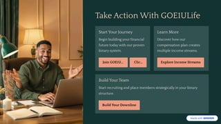 Take Action With GOE1ULife
Start Your Journey
Begin building your financial
future today with our proven
binary system.
Join GOE1U& Clic&
Learn More
Discover how our
compensation plan creates
multiple income streams.
Explore Income Streams
Build Your Team
Start recruiting and place members strategically in your binary
structure.
Build Your Downline
 