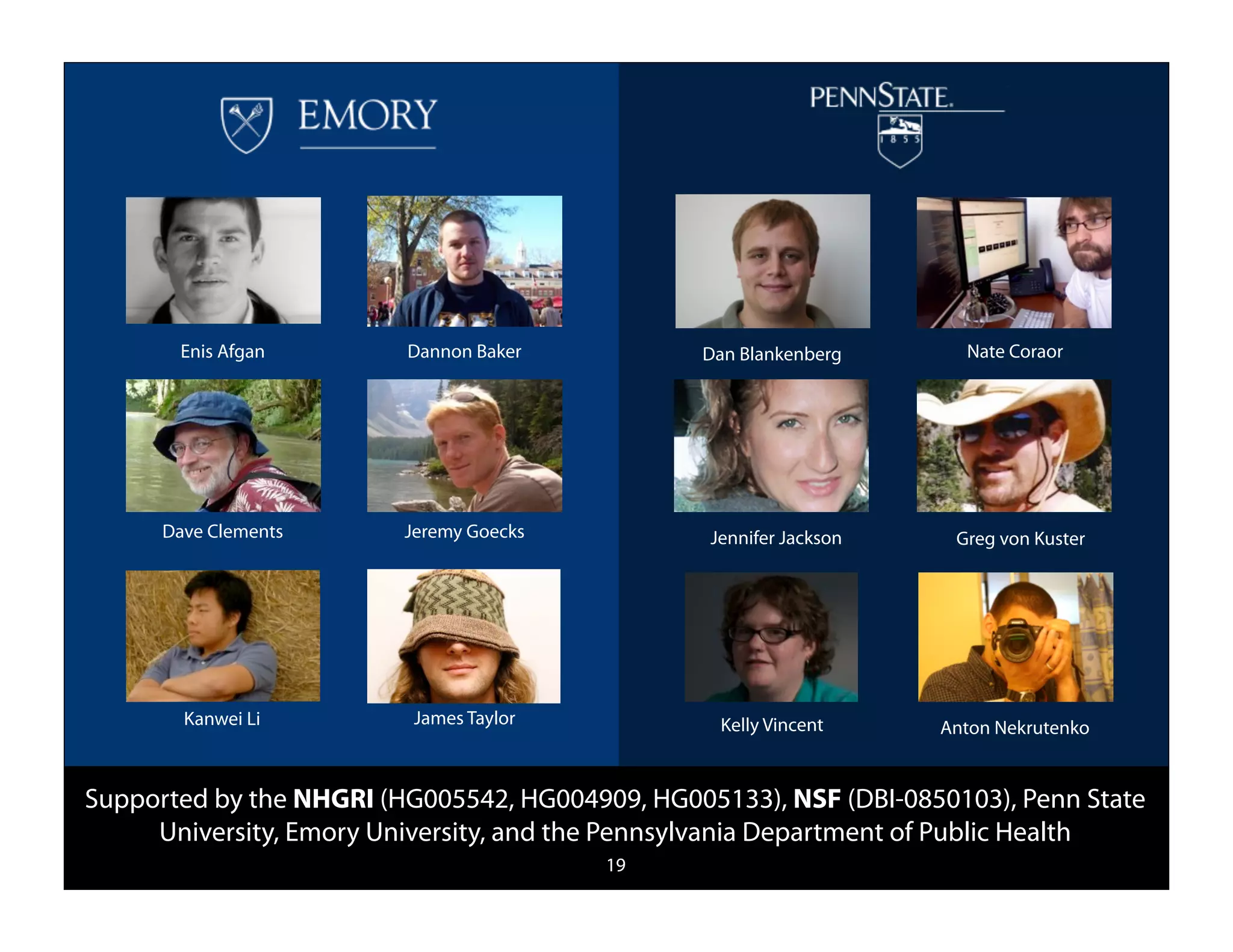 Enis Afgan        Dannon Baker           Dan Blankenberg       Nate Coraor




      Dave Clements      Jeremy Goecks           Jennifer Jackson    Greg von Kuster




        Kanwei Li         James Taylor            Kelly Vincent     Anton Nekrutenko


Supported by the NHGRI (HG005542, HG004909, HG005133), NSF (DBI-0850103), Penn State
     University, Emory University, and the Pennsylvania Department of Public Health
                                         19
 