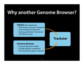 Why another Genome Browser?

   Galaxy (http://usegalaxy.org)
   ✦   Web-based, uses open standards
   ✦   tool integration framework
   ✦   sharing, publication framework
   ✦   HTS/NGS focused

                                           Trackster
   Genome Browser
   ✦   physical depiction of data
   ✦   visually identify correlations
   ✦   ﬁnd interesting regions, features



                                    2
 