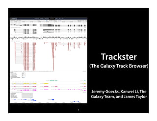 Trackster
    (The Galaxy Track Browser)



    Jeremy Goecks, Kanwei Li, The
    Galaxy Team, and James Taylor


1
 