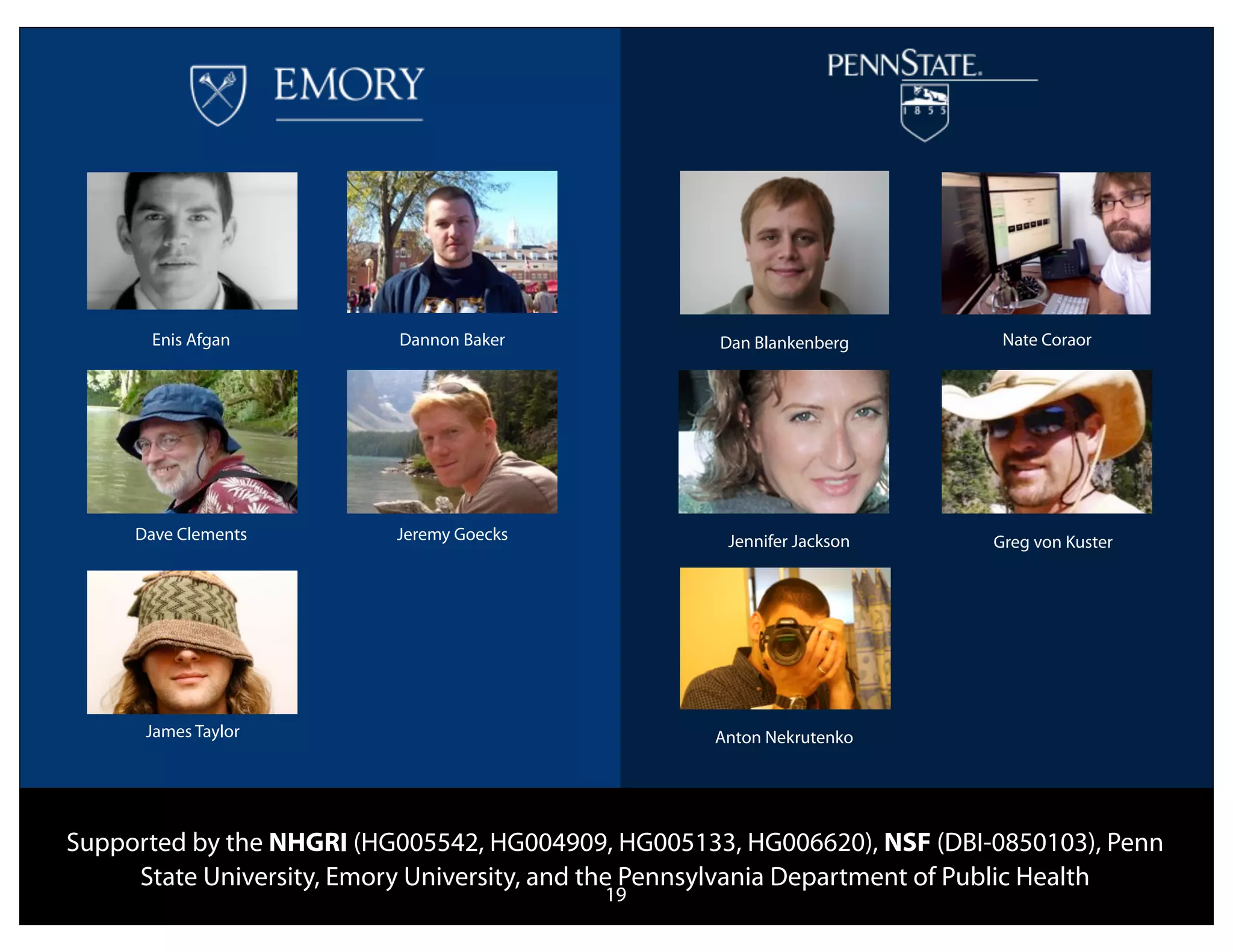 Enis Afgan           Dannon Baker              Dan Blankenberg        Nate Coraor




     Dave Clements        Jeremy Goecks              Jennifer Jackson      Greg von Kuster




      James Taylor                                  Anton Nekrutenko




Supported by the NHGRI (HG005542, HG004909, HG005133, HG006620), NSF (DBI-0850103), Penn
     State University, Emory University, and the Pennsylvania Department of Public Health
                                           19
 
