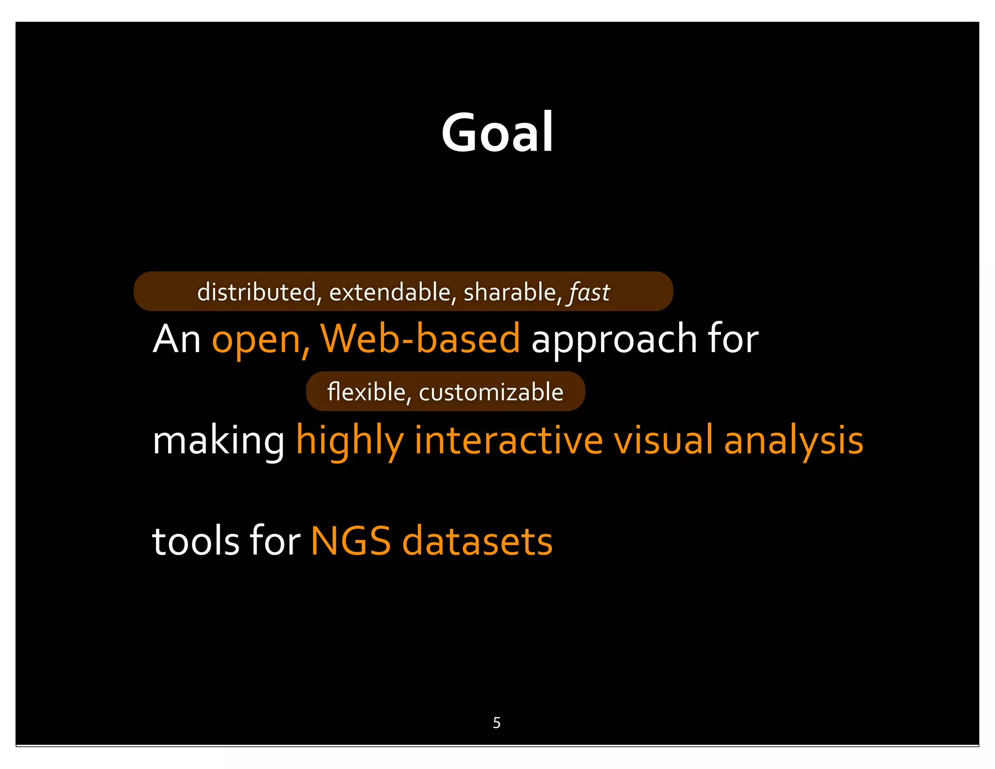 Goal

   distributed,	
  extendable,	
  sharable,	
  fast
An	
  open,	
  Web-­‐based	
  approach	
  for	
  
                  ﬂexible,	
  customizable

making	
  highly	
  interactive	
  visual	
  analysis	
  

tools	
  for	
  NGS	
  datasets



                                     5
 