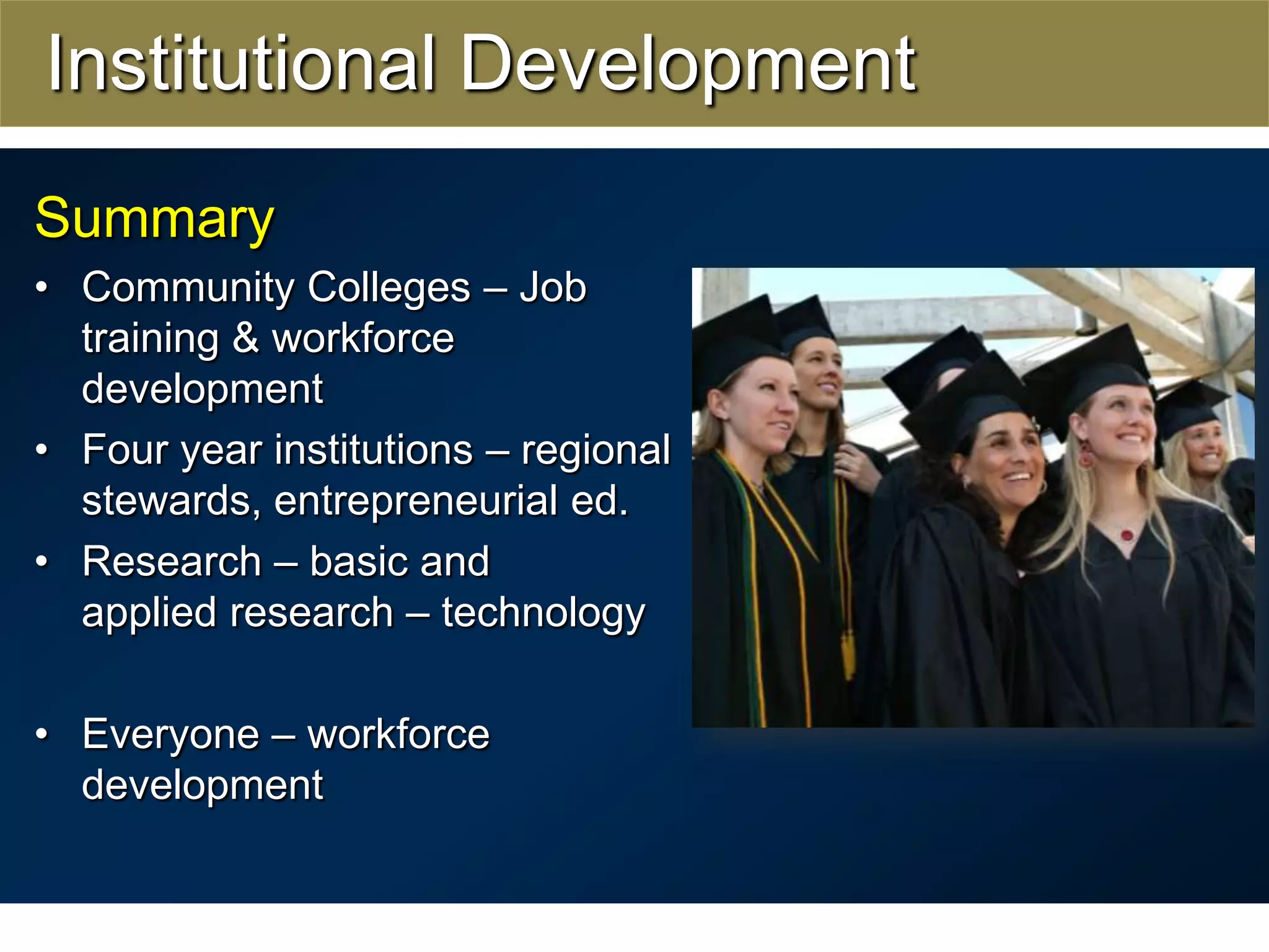 Institutional DevelopmentSummaryCommunity Colleges – Job training & workforce developmentFour year institutions – regional stewards, entrepreneurial ed. Research – basic andapplied research – technologyEveryone – workforce development