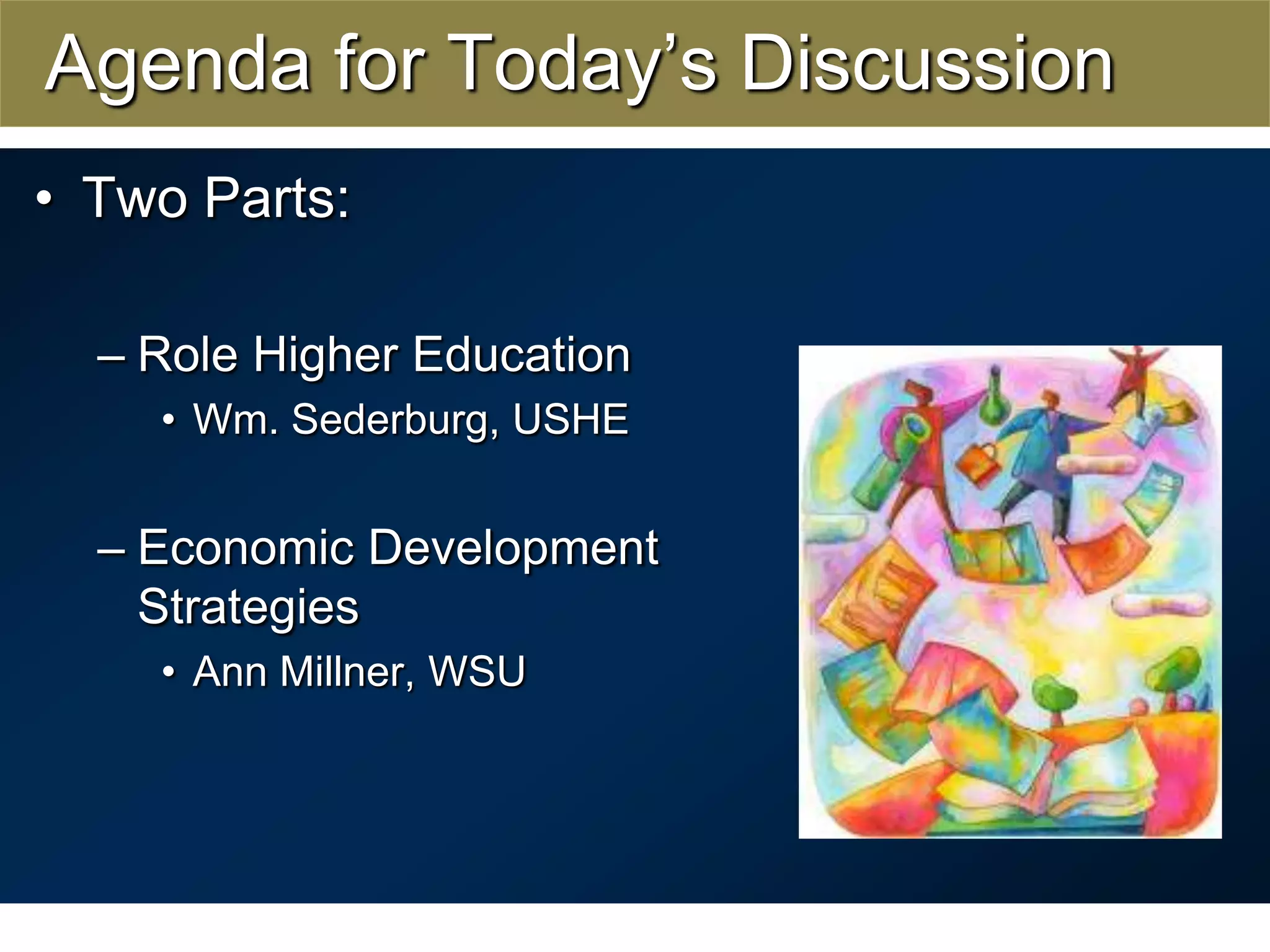 Agenda for Today’s DiscussionTwo Parts:Role Higher EducationWm. Sederburg, USHEEconomic Development Strategies Ann Millner, WSU 