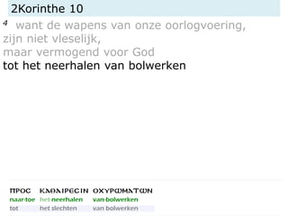 2Korinthe 10
4 want de wapens van onze oorlogvoering,
zijn niet vleselijk,
maar vermogend voor God
tot het neerhalen van bolwerken
 
