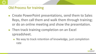 Old Process for training
Create PowerPoint presentations, send them to Sales
Reps, then call them and walk them through training;
or do an online meeting and show the presentation.
Then track training completion on an Excel
spreadsheet.
No way to track retention of knowledge, just completion
rate

 