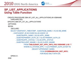 SP_LIST_APPLICATIONS
Using Table Function
  CREATE PROCEDURE DBA.SP_LIST_ALL_APPLICATIONS (IN VDBNAME
     VARCHAR(128))
  SPECIFIC DBA.SP_LST_ALL_APPLICATIONS
  {OPTIONS}
  BEGIN
     {DECLARE}
     SELECT SNAPSHOT_TIMESTAMP , SUBSTR(DB_NAME,1,10) AS DB_NAME
       , CAST(AGENT_ID AS CHAR(10)) AS AGENT_ID
            ,SUBSTR(APPL_NAME,1,24) AS APPL_NAME
           , SUBSTR(PRIMARY_AUTH_ID,1,10) AS PRIMARY_AUTH_ID
           , SUBSTR(APPL_STATUS, 1,12) AS APPL_STATUS
           , SUBSTR(CLIENT_NNAME,1,16) AS CLIENT_NNAME
                    FROM TABLE(SNAP_GET_APPL_INFO_V95( VDBNAME )) AS T
                    WHERE IS_SYSTEM_APPL = 0 and PRIMARY_AUTH_ID NOT IN
                             (SELECT UPPER(INST_NAME)
                                       FROM SYSIBMADM.ENV_INST_INFO)
                                       FOR READ ONLY WITH UR;
     OPEN C1;
  END
 