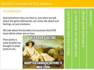 Goethe’s Formula for Play Analysis
Conclusion
Istheworkworthdoing?
Howwellhastheartistdoneit?
Whatistheartisttryingtodo?
I...