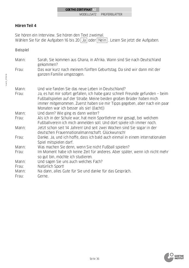 Goethe Zertifikat A2 Modellsatzerwachsene