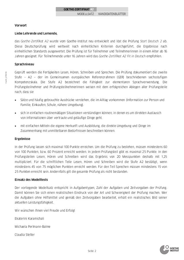 Goethe Zertifikat A2 Modellsatzerwachsene