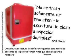 “No se trata
solamente de
transferir la
escritura de clase
a espacios
digitales”Ann Davis
[Ann Davis] su lectura debería ser requerida para todos los
docentes de inglés que tengan niños que escriben para la
heladera.” David Jokes
 