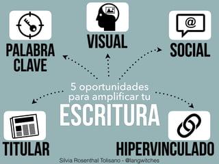 5 oportunidades
para ampliﬁcar tu
HiPERVINCULADO
ESCRITURA
VISUAL
TITULAR
PALABRA
CLAVE
social
Silvia Rosenthal Tolisano - @langwitches
 