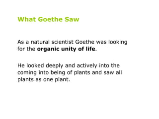 What Goethe Saw As a natural scientist Goethe was looking for the  organic unity of life .  He looked deeply and actively ...