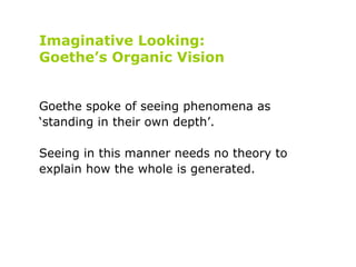 Imaginative Looking: Goethe’s Organic Vision Goethe spoke of seeing phenomena as  ‘ standing in their own depth’.   Seeing...