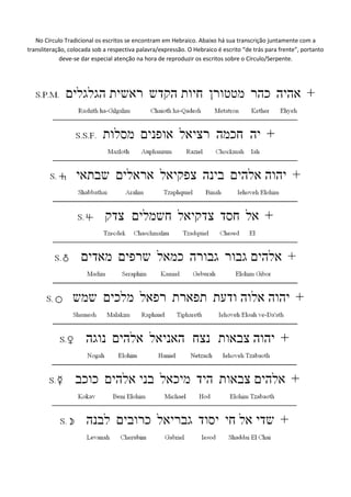 No Círculo Tradicional os escritos se encontram em Hebraico. Abaixo há sua transcrição juntamente com a
transliteração, colocada sob a respectiva palavra/expressão. O Hebraico é escrito “de trás para frente”, portanto
deve-se dar especial atenção na hora de reproduzir os escritos sobre o Círculo/Serpente.

 