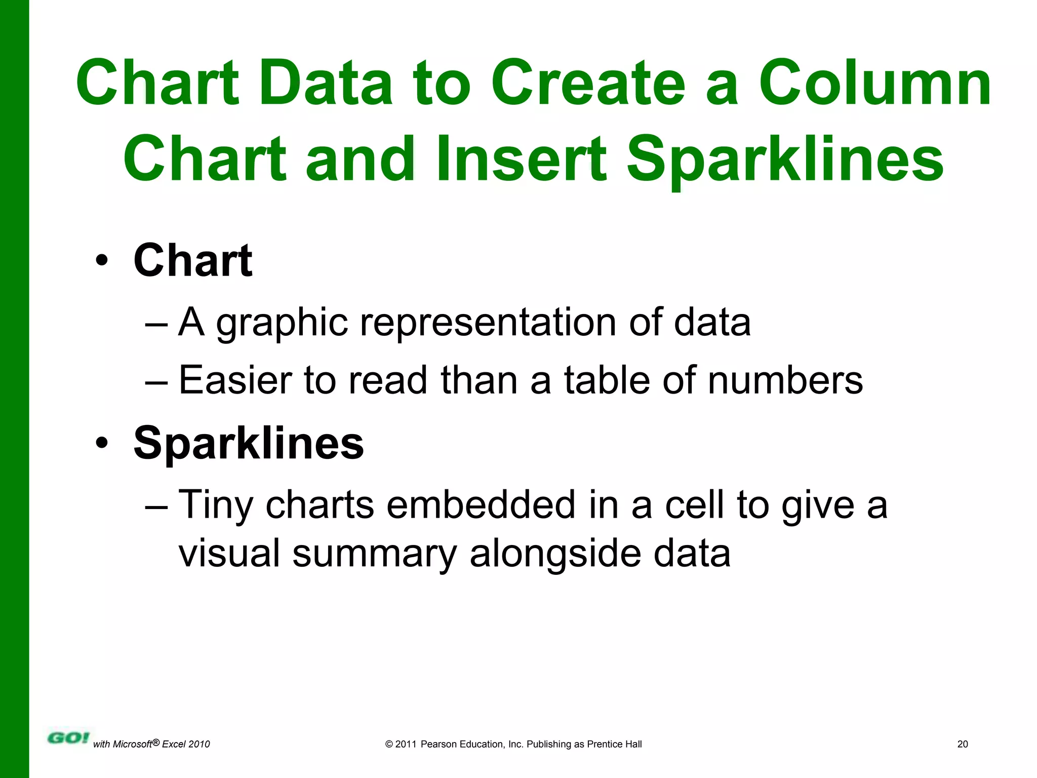 Chart Data to Create a Column Chart and Insert SparklinesChartA graphic representation of dataEasier to read than a table of numbersSparklinesTiny charts embedded in a cell to give a visual summary alongside data