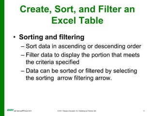 Create, Sort, and Filter an Excel TableSorting and filteringSort data in ascending or descending orderFilter data to display the portion that meets the criteria specifiedData can be sorted or filtered by selecting the sorting  arrow filtering arrow.