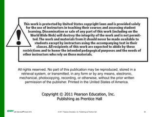 All rights reserved. No part of this publication may be reproduced, stored in a retrieval system, or transmitted, in any form or by any means, electronic, mechanical, photocopying, recording, or otherwise, without the prior written permission of the publisher. Printed in the United States of America.Copyright © 2011 Pearson Education, Inc.  Publishing as Prentice Hall