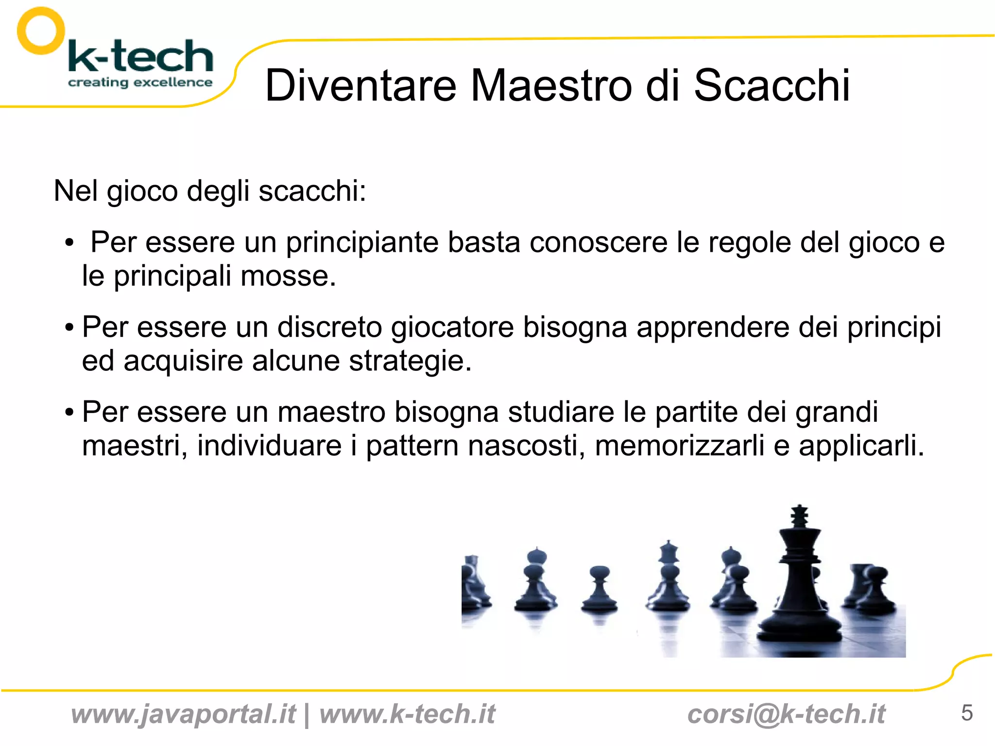 Diventare Maestro di Scacchi

Nel gioco degli scacchi:
●    Per essere un principiante basta conoscere le regole del gioco e
    le principali mosse.
●   Per essere un discreto giocatore bisogna apprendere dei principi
    ed acquisire alcune strategie.
●   Per essere un maestro bisogna studiare le partite dei grandi
    maestri, individuare i pattern nascosti, memorizzarli e applicarli.




 www.javaportal.it | www.k-tech.it                  corsi@k-tech.it       5
 