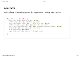 26/01/24, 10:36 Gof1 Talk
https://xm1k3.github.io/gof1-talk-ita/ 20/41
INTERFACCE
Le interfacce in Go definiscono le firme per i nostri Service e Repository.
type F1Service interface {
AddDriver(driver models.Driver) error
GetDriver(id int) (models.Driver, error)
GetDrivers(page, limit int) ([]models.Driver, error)
GetDriversByYear(year int) ([]models.Driver, error)
GetDriverStandingsByYear(year int) ([]models.DriverStanding, error)
UpdateDriver(driver models.Driver) error
DeleteDriver(id int) error
ImportDriversFromCsv(record []string) error
...
}
 