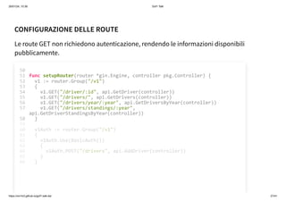 26/01/24, 10:36 Gof1 Talk
https://xm1k3.github.io/gof1-talk-ita/ 27/41
CONFIGURAZIONE DELLE ROUTE
Le route GET non richiedono autenticazione, rendendo le informazioni disponibili
pubblicamente.
func setupRouter(router *gin.Engine, controller pkg.Controller) {
v1 := router.Group("/v1")
{
v1.GET("/driver/:id", api.GetDriver(controller))
v1.GET("/drivers/", api.GetDrivers(controller))
v1.GET("/drivers/year/:year", api.GetDriversByYear(controller))
v1.GET("/drivers/standings/:year",
api.GetDriverStandingsByYear(controller))
}
50
51
52
53
54
55
56
57
58
59
v1Auth := router.Group("/v1")
60
{
61
v1Auth.Use(BasicAuth())
62
{
63
v1Auth.POST("/drivers", api.AddDriver(controller))
64
}
65
}
66
 