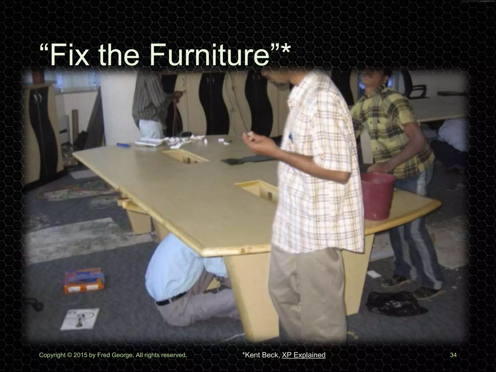 “Fix the Furniture”*
Copyright © 2015 by Fred George. All rights reserved. 34*Kent Beck, XP Explained
 