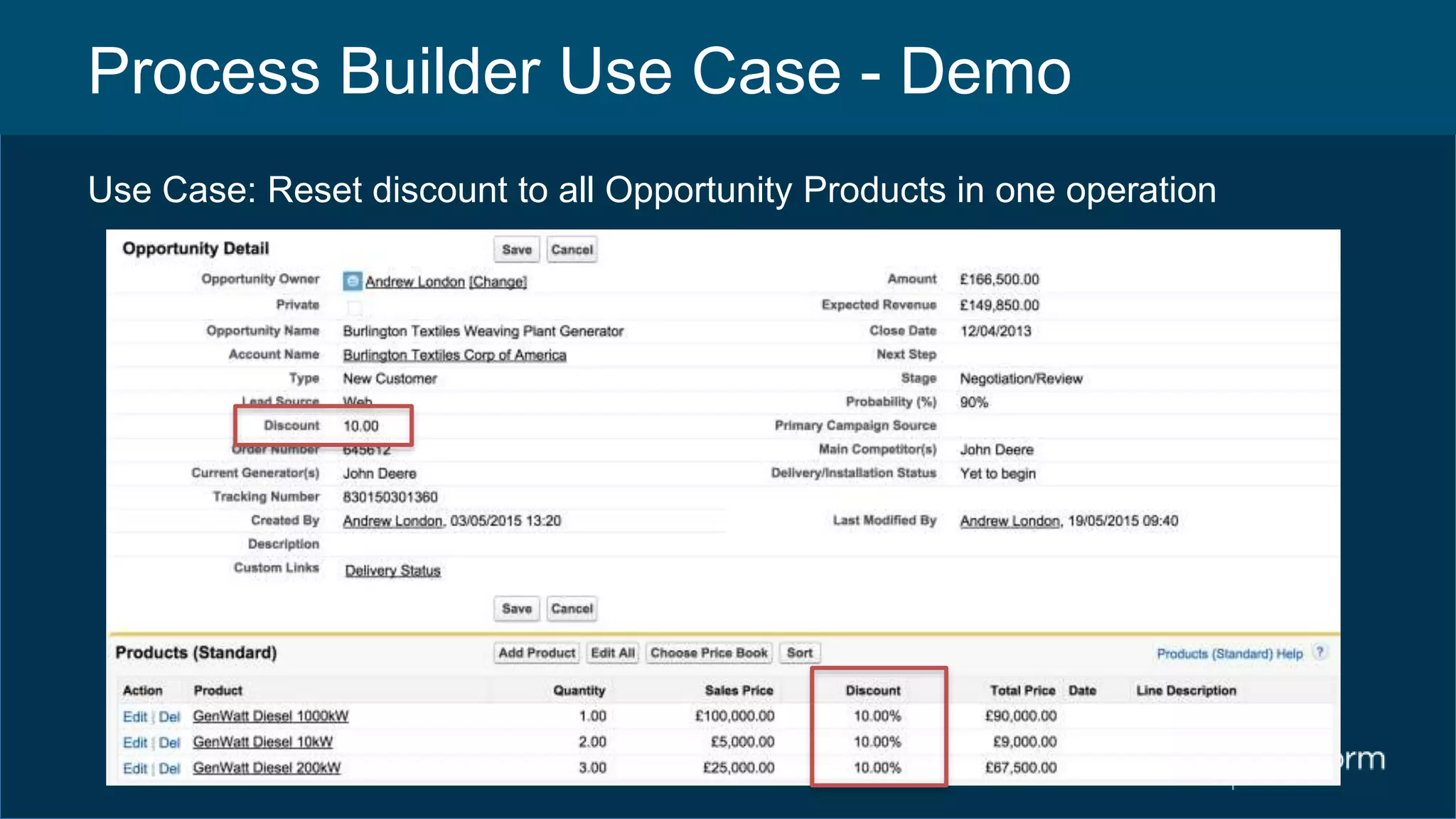 Process Builder Use Case - Demo
Use Case: Reset discount to all Opportunity Products in one operation
 