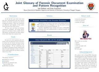Joint Glossary of Forensic Document Examination
and Pattern Recognition
Inés Baldatti and Erika Griechisch
Banco Central de la República Argentina and Institute of Informatics, University of Szeged, Hungary
Motivation
In the last few years there were more
and more communication and joint research
between the forensic examiners and pattern
recognition scientists. These two community
can eﬃciently work together, if they under-
stand the terms from both sciences.
We have seen and heard on meetings,
conferences, workshops, and during discus-
sions it is a necessity to have a useful, extend-
able glossary, and dictionary for these commu-
nities, which helps their common work.
Goals
Our aim is to create a glossary and a dic-
tionary with the important terms of the foren-
sic science for the forensic document exami-
ners and pattern recognition experts in dif-
ferent languages. We are considering even
the diﬀerent expressions among countries who
share the same language in order to obtain a
better understanding into our ﬁelds no matter
where we are from.
Considerations
The glossary should be
1 available for everyone,
2 extendable,
3 editable for registered users
from our ﬁelds, and
4 eﬀortlessly localisable.
Solution
Semantic MediaWiki with Translate Extension
MediaWiki is a free software open source wiki package written in
PHP, originally for use on Wikipedia. It is now also used by several
other projects of the non-proﬁt Wikimedia. [1]
Semantic MediaWiki brings together the power of MediaWiki
and Semantic Web with making possible to annotate semantic tag
data on wiki pages.
Result
http://projects.dfki.uni-kl.de/gofder
NavigationNavigation
Glossary
Dictionary
Abbreviations
Personal toolsPersonal tools
English
Create account
Log in
ToolboxToolbox
What links here
Related changes
Special pages
Printable version
Permanent link
Browse properties
DictionaryDictionary
AA
English Spanish German Hungarian
able apto / capaz / hábil - képes
absorption absorción - elnyelés
acceleration aceleración - gyorsulás
accomplished
experto / altamente calificado /
hecho consumado
- -
accuracy precisión - pontosság
acronym acrónimo - -
admissible admisible - elfogadható
affect afectar - hatás
affidavit declaración jurada - -
affixed adherida - -
agraphia agrafia / agrafia - -
aim objetivo / propósito - cél
alignment alineación - igazítás
allegation alegato - állítás
allege alegar - állít
allograph
cualquier variante de un
grafema / firma de una persona,
realizada por otra
- állít
alter adulterar - módosít
analyze analizar - elemez
analyzing análisis - elemzés
Search Search Go Search
PageDiscussionView sourceHistory
Future work
• extend the dictionary
• extend the glossary
• translate the pages
Join us!
Here is how you can help:
• register,
• comment,
• create new pages, and
• translate!
See back page!
Acknowledgement
The authors wish to thank DFKI (Deutsche
Forschungszentrum fÃĳr KÃĳnstliche Intelli-
genz GmbH) for providing resources on their
servers for our website. The authors also like
to thank the fruitful discussions, helpful ideas
and support from Marcus Liwicki and Vlad
Atanasiou. The authors also would like to
thank Gábor Németh from the University of
Szeged for the logo of the project and further
ideas to improve our website.
 