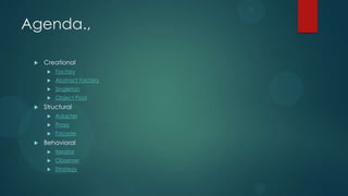 Agenda.,

    Creational
         Factory
         Abstract Factory
         Singleton
         Object Pool
    Structural
         Adapter
         Proxy
         Façade
    Behavioral
         Iterator
         Observer
         Strategy
 