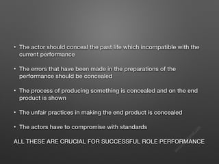 s
e
e
i
t
s
s
a
m
@
g
m
a
i
l
.
c
o
m
• The actor should conceal the past life which incompatible with the
current performance
• The errors that have been made in the preparations of the
performance should be concealed
• The process of producing something is concealed and on the end
product is shown
• The unfair practices in making the end product is concealed
• The actors have to compromise with standards
ALL THESE ARE CRUCIAL FOR SUCCESSFUL ROLE PERFORMANCE
 