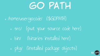 Go  PAth
•/home/user/gocode/ ($GOPATH)
• src/ (put your source code here)
• bin/ (binaries installed here)
• pkg/ (installed package objects)
53
 