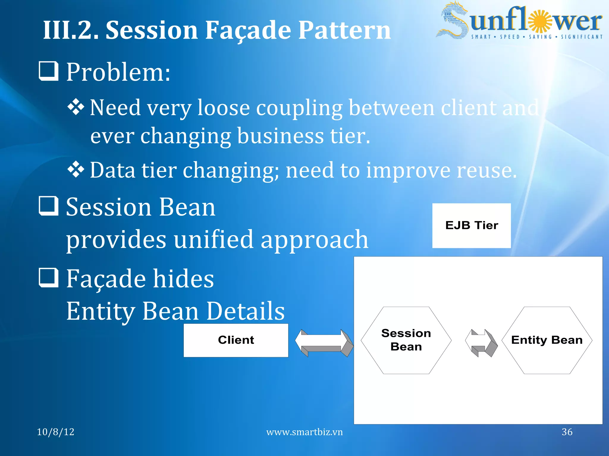 III.2.	
  Session	
  Façade	
  Pattern	
  
q Problem:	
  
       v Need	
  very	
  loose	
  coupling	
  between	
  client	
  and	
  
          ever	
  changing	
  business	
  tier.	
  
       v Data	
  tier	
  changing;	
  need	
  to	
  improve	
  reuse.	
  
q Session	
  Bean	
  	
  
                                                                     EJB Tier
   provides	
  uniNied	
  approach	
  
q Façade	
  hides	
  	
  
   Entity	
  Bean	
  Details	
  
                                                           Session
                            Client                                              Entity Bean
                                                            Bean




10/8/12	
                            www.smartbiz.vn	
                                 36	
  
 