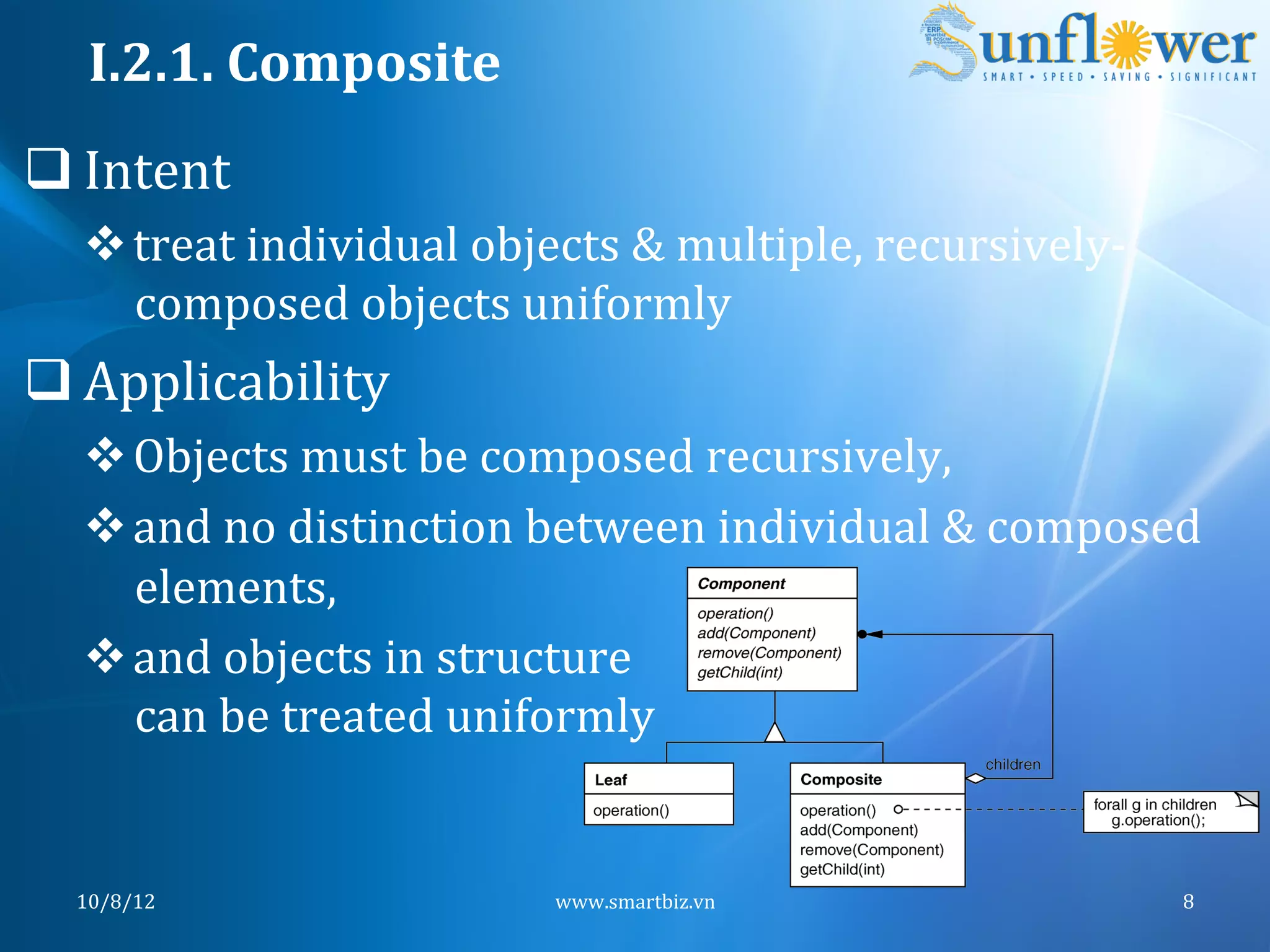 I.2.1.	
  Composite	
  
q Intent	
  
   v treat	
  individual	
  objects	
  &	
  multiple,	
  recursively-­‐
      composed	
  objects	
  uniformly	
  
q Applicability	
  
   v Objects	
  must	
  be	
  composed	
  recursively,	
  
   v and	
  no	
  distinction	
  between	
  individual	
  &	
  composed	
  
      elements,	
  
   v and	
  objects	
  in	
  structure	
  
      can	
  be	
  treated	
  uniformly	
  


   10/8/12	
                      www.smartbiz.vn	
                        8	
  
 
