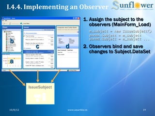 I.4.4.	
  Implementing	
  an	
  Observer	
  
                                            1.  Assign the subject to the
                                                observers (MainForm_Load)
                                                    m_subject = new IssueSubject()
                                                    paneA.Subject = m_subject
 b                                                  paneB.Subject = m_subject ...

                  c           d             2.  Observers bind and save
                                                changes to Subject.DataSet
 a


               IssueSubject




 10/8/12	
                    www.smartbiz.vn	
                              19	
  
 