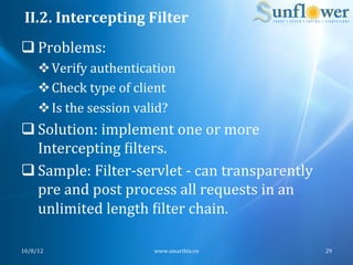 II.2.	
  Intercepting	
  Filter	
  
q Problems:	
  
       v Verify	
  authentication	
  
       v Check	
  type	
  of	
  client	
  
       v Is	
  the	
  session	
  valid?	
  	
  	
  
q Solution:	
  implement	
  one	
  or	
  more	
  
   Intercepting	
  Nilters.	
  
q Sample:	
  Filter-­‐servlet	
  -­‐	
  can	
  transparently	
  
   pre	
  and	
  post	
  process	
  all	
  requests	
  in	
  an	
  
   unlimited	
  length	
  Nilter	
  chain.	
  

10/8/12	
                                   www.smartbiz.vn	
         29	
  
 