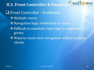 II.3.	
  Front	
  Controller	
  &	
  Dispatcher	
  
q Front	
  Controller	
  -­‐	
  Problems:	
  
       v Multiple	
  views.	
  
       v Navigation	
  logic	
  embedded	
  in	
  views.	
  
       v DifNicult	
  to	
  maintain	
  view	
  logic	
  as	
  application	
  
          grows.	
  
       v Want	
  to	
  reuse	
  view	
  navigation	
  within	
  multiple	
  
          clients.	
  




10/8/12	
                           www.smartbiz.vn	
                         30	
  
 