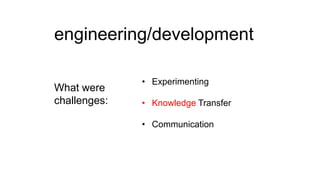 engineering/development
What were
challenges:

• Experimenting
• Knowledge Transfer

• Communication

 